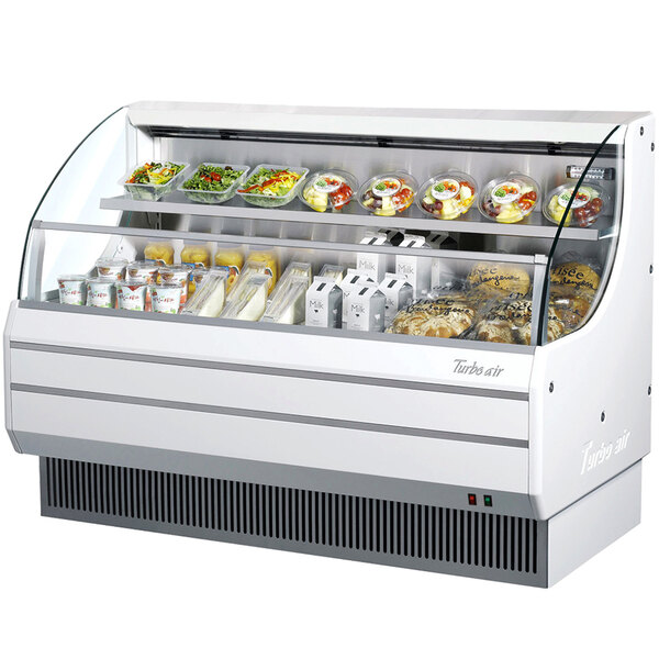 A white Turbo Air Low Profile Horizontal Air Curtain Display Case with food inside.