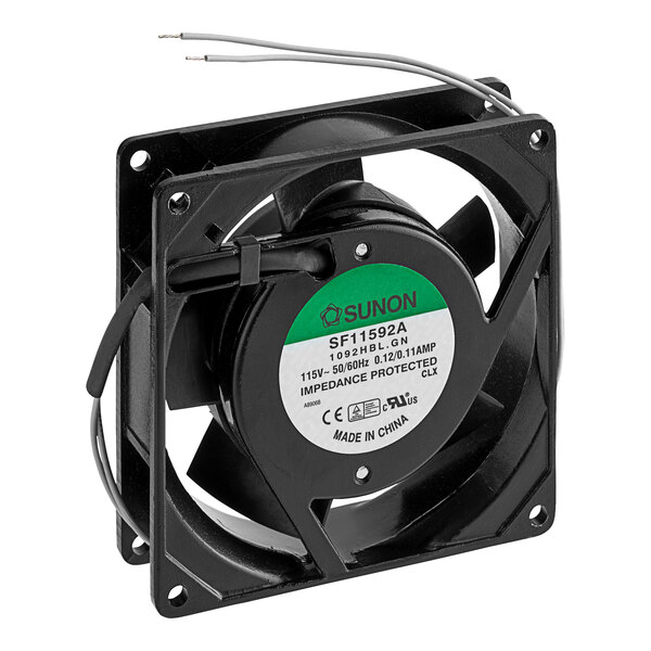 A black Cres Cor vent fan with green and white wires.