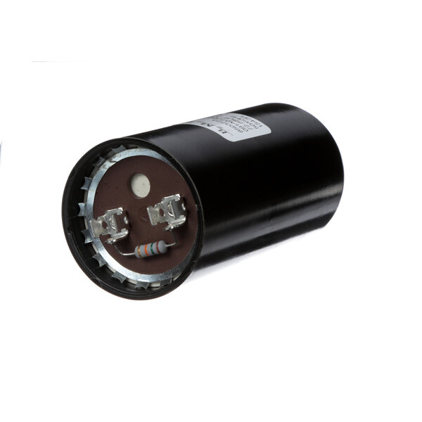 A black cylindrical capacitor with a white label.