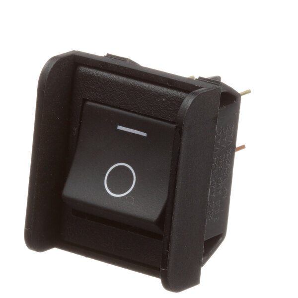 A black APW Wyott rocker switch with a white circle on the center.