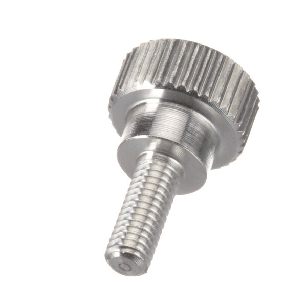 A close-up of a Delfield stainless steel screw with a nut on it.