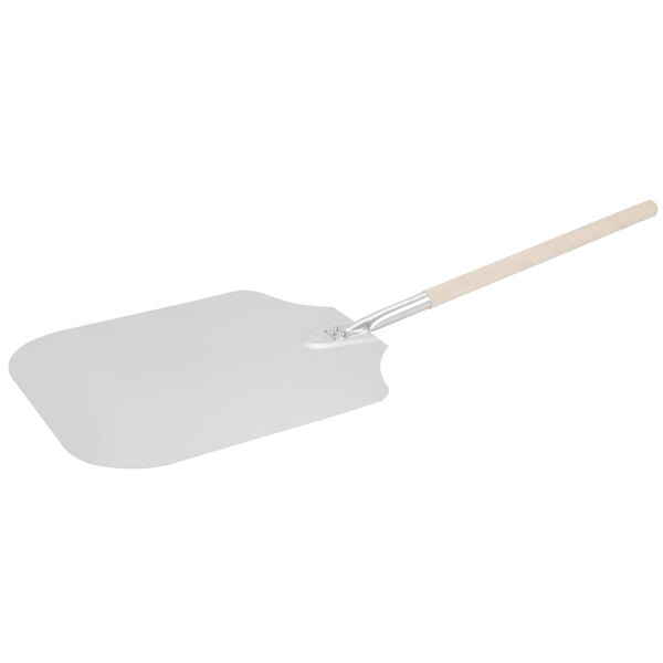 An American Metalcraft white pizza peel with a wooden handle.