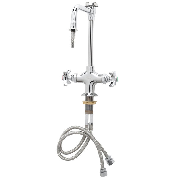 A T&S chrome laboratory faucet with flex inlets and a silver vacuum breaker nozzle.