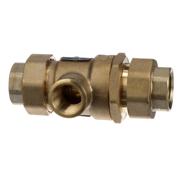 A brass Hobart back flow preventer with a brass handle.