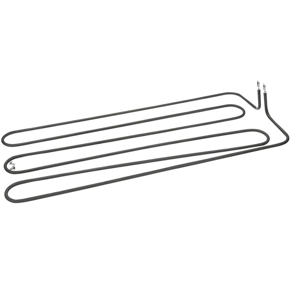 A metal heating element with two black wires.