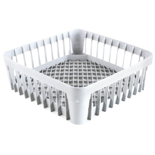 A white plastic square dish rack with a grid.