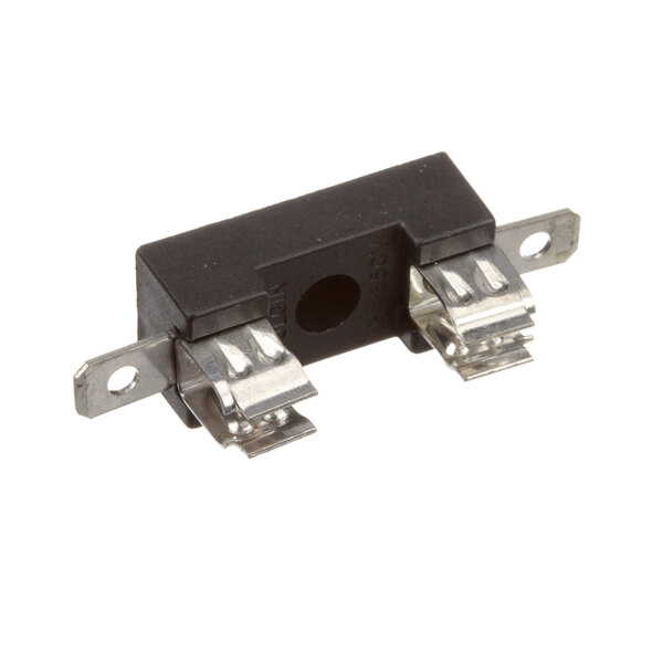 A black Merrychef 13a fuse holder with silver metal terminals.