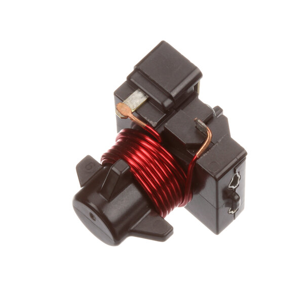 A close-up of a black Beverage-Air 314-038D relay with a red coil.