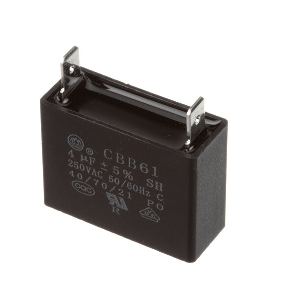 A black rectangular capacitor with silver metal elements.