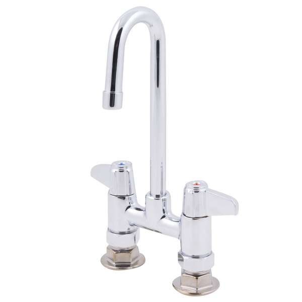 A chrome Equip by T&S deck-mounted faucet with gooseneck spout and lever handles.