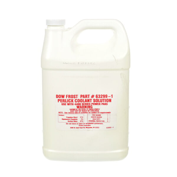 A white plastic gallon jug of Perlick coolant solution with a label.
