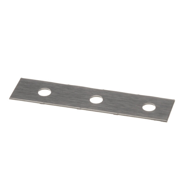 A stainless steel BevLes hinge shim with holes.