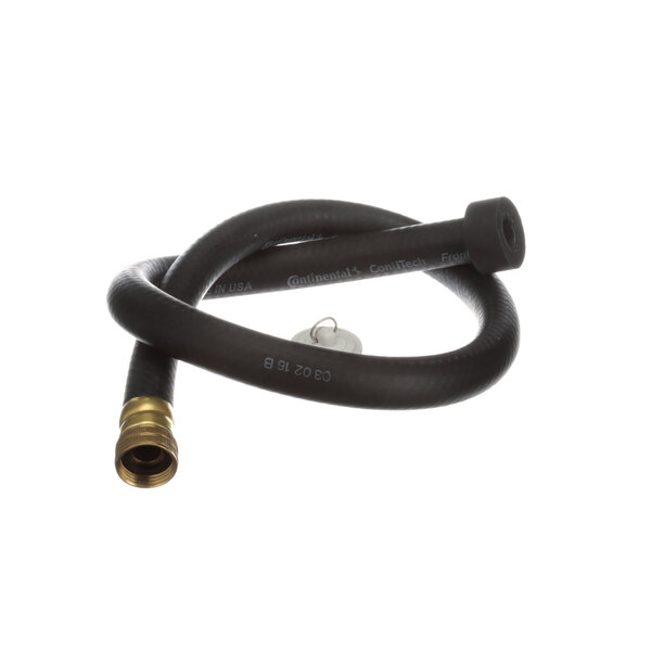 A black hose with a brass connector.