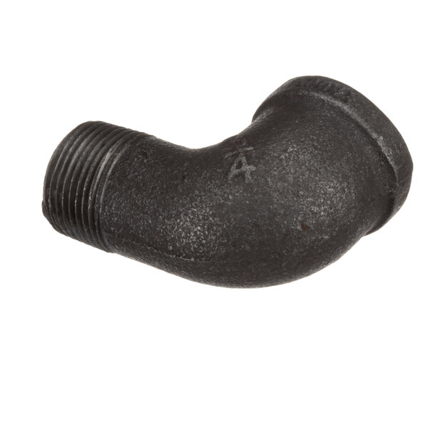 A black 90 degree elbow pipe fitting with a thread on it.