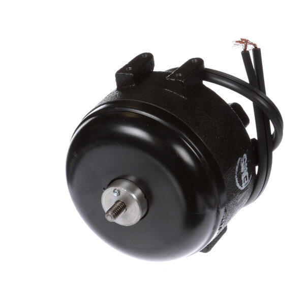 A black round electric motor with wires.