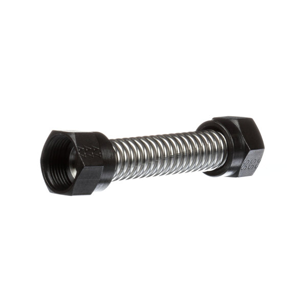 A black metal spring with a black nut on one end.
