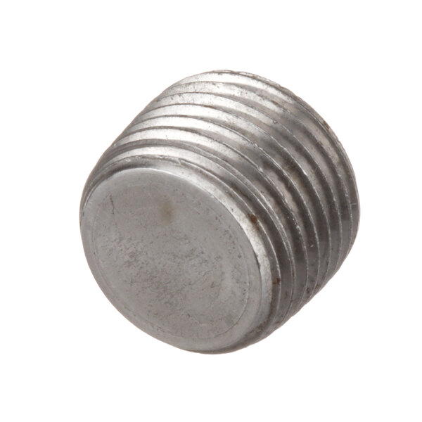 A round metal Frymaster plug with a threaded nut.