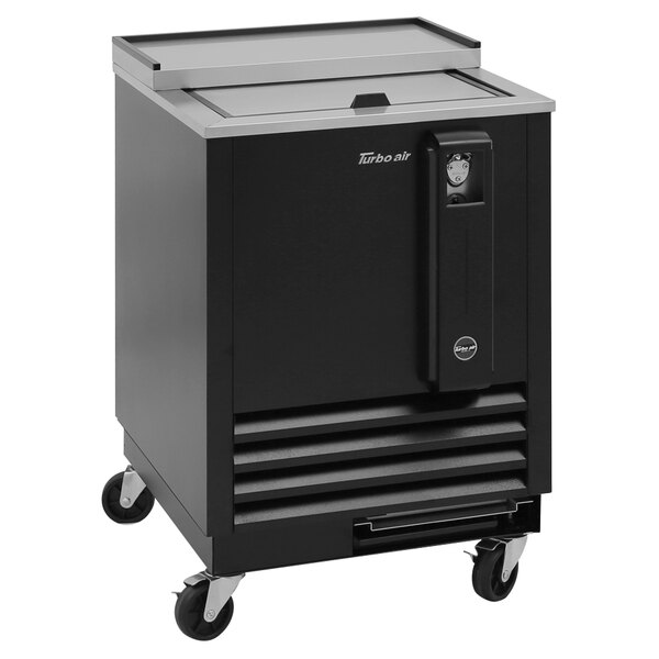 A black Turbo Air bottle cooler with wheels.