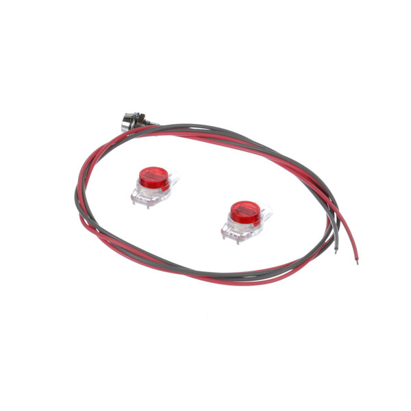 A pair of red and black wires with two red LEDs and a red wire.