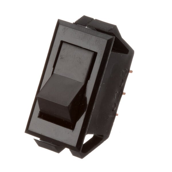 A close-up of a black Garland rocker switch with a square button.