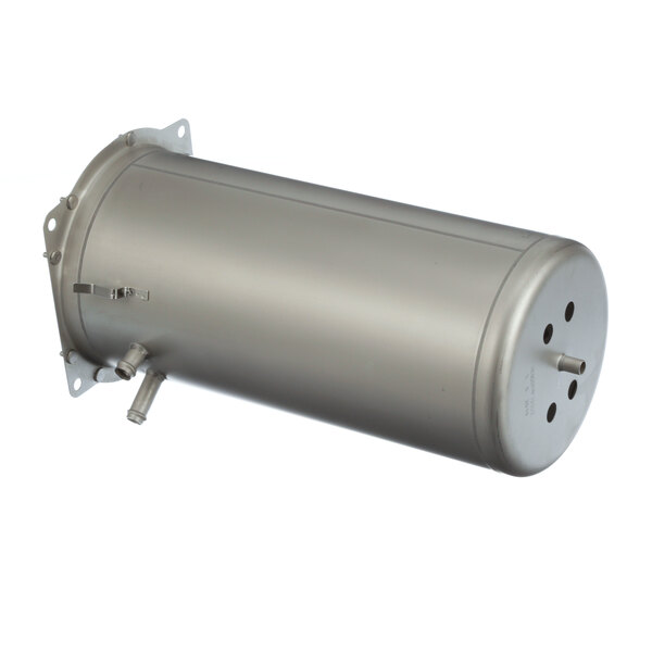 A silver cylindrical metal tank with nozzles.