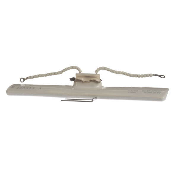 A white Hatco ceramic heating element with wires.