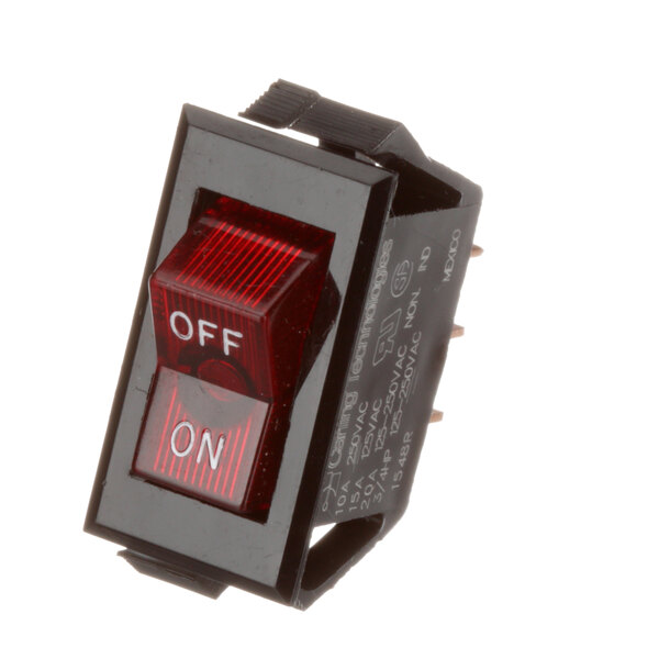A close-up of an Atlas Metal Industries Inc 1069-1 red lighted rocker switch.
