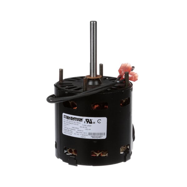 A black Master-Bilt electric fan motor with wires.