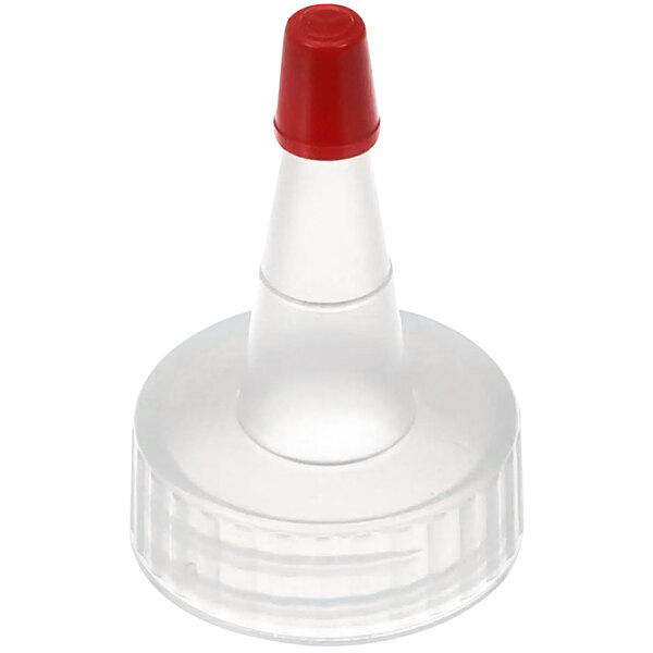 A clear plastic bottle with a red top.