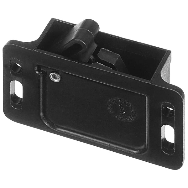A black plastic Bunn door latch with holes.