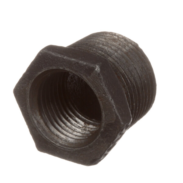 A black hex bushing with threaded ends and a hole in the middle.