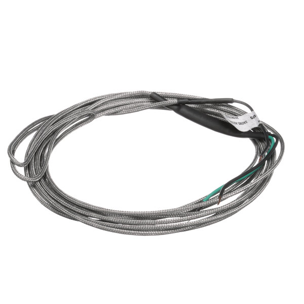 A coil of grey wire with black and white cables.