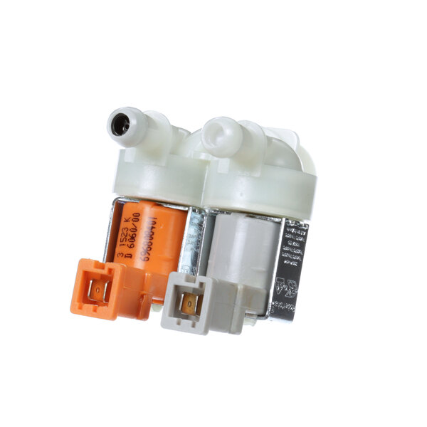 A close-up of two white and orange Electrolux water valves.