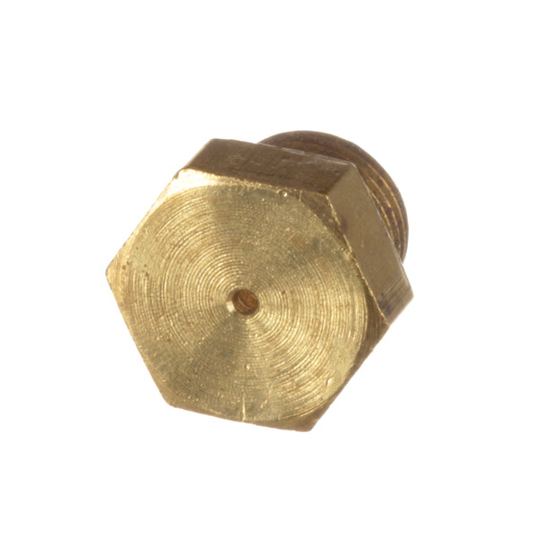 A close-up of a brass hexagonal nut.
