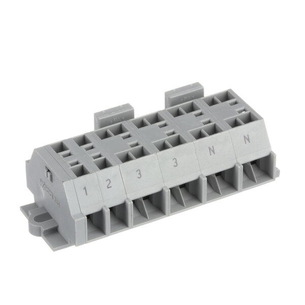 A gray plastic Frymaster terminal block with four rows of terminals.