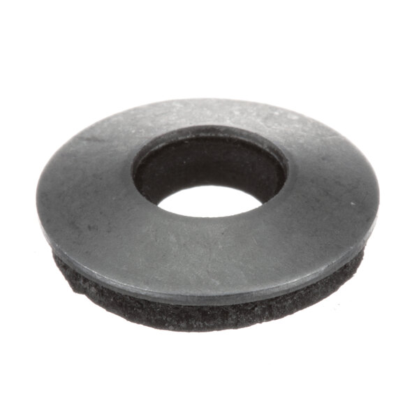 A round metal object with a black rubber ring on it.