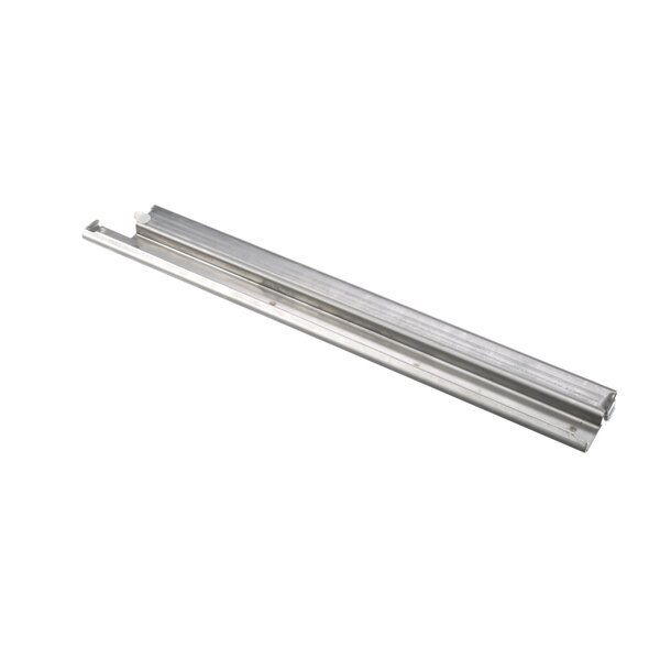 A silver metal True Refrigeration top left drawer slide with two long metal strips.