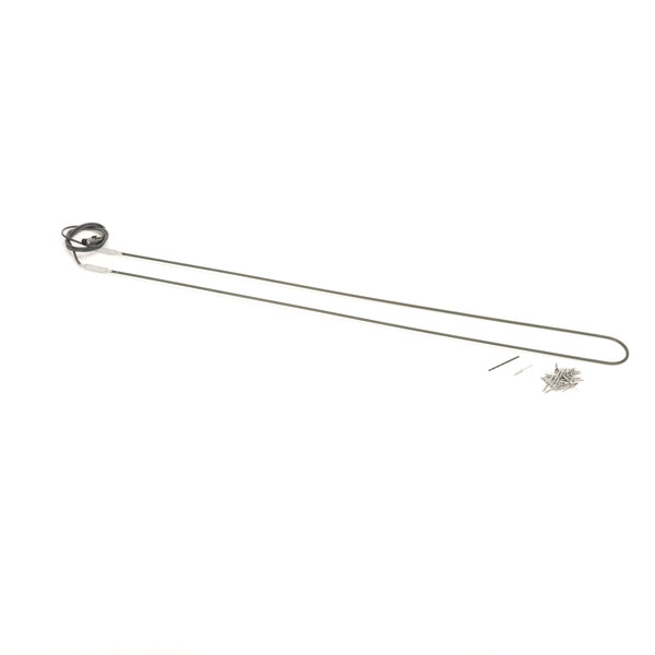 A long thin metal rod with a screw on one end and a black string on the other.