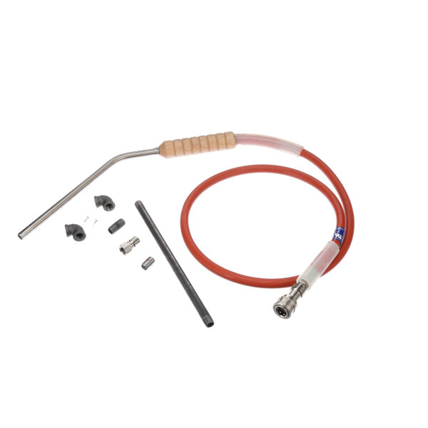 A red and white Henny Penny filter hose assembly with metal parts.
