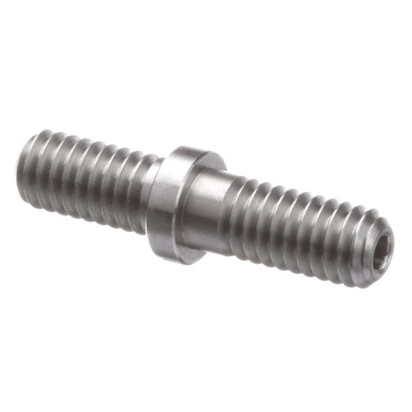 A close-up of a stainless steel Hobart stud with a nut on it.