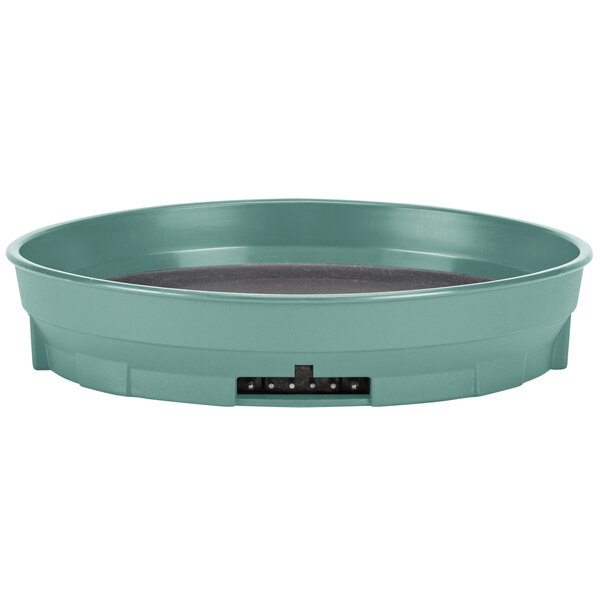 A round green Cambro meal delivery base with black rivets.