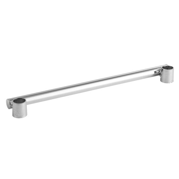 A Metro Super Erecta chrome push handle for shelving with a black handle.