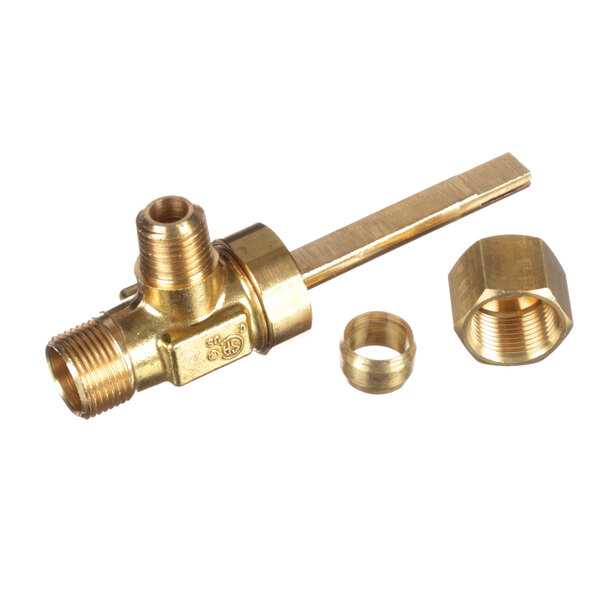 A brass Vulcan top burner valve with a brass pipe and nut.