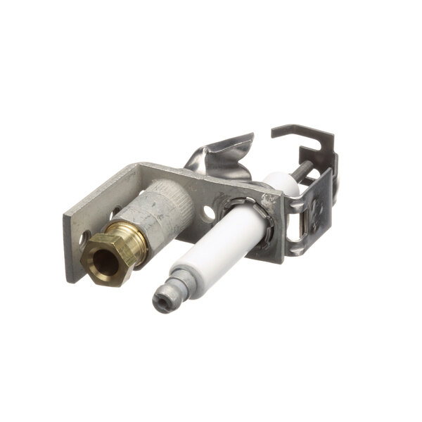A Crown Steam pilot burner with a metal bracket and white and silver metal parts.