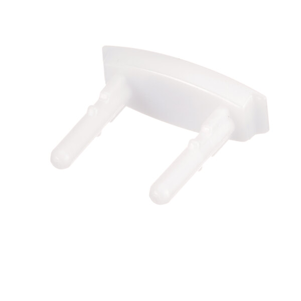 A close-up of a white plastic Hamilton Beach plug with two long legs.