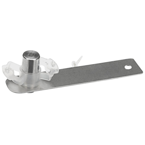 A metal bracket with a plastic handle and screw on a grey rectangular object.