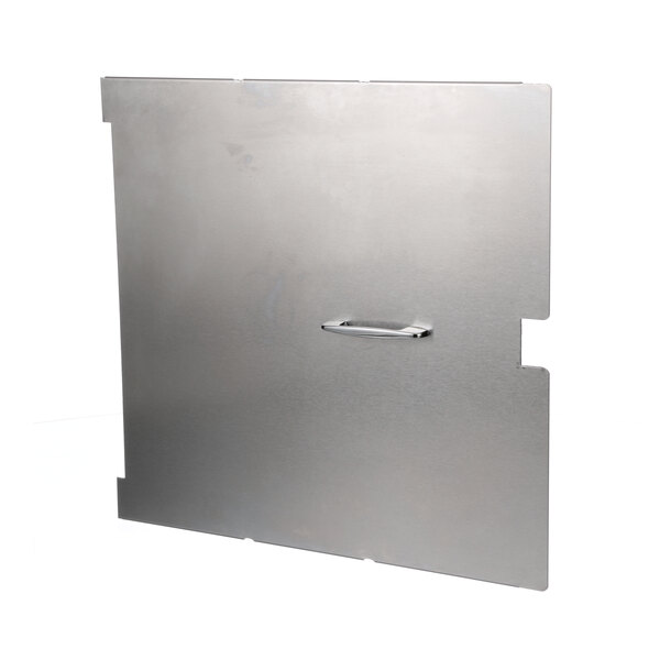 A stainless steel metal panel with a handle.