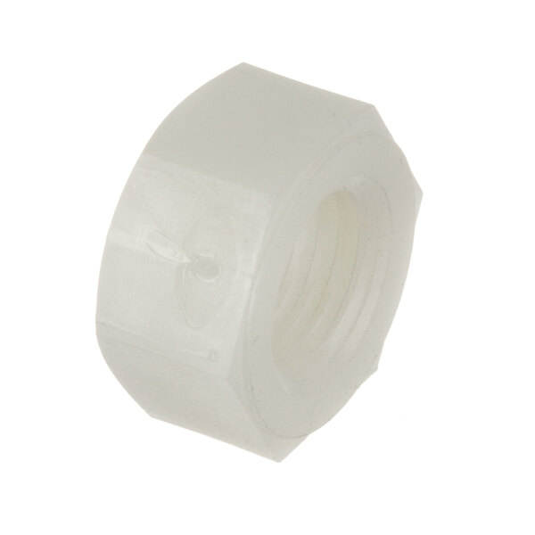 A close-up of a white plastic Cleveland hex nut with a nylon insert.