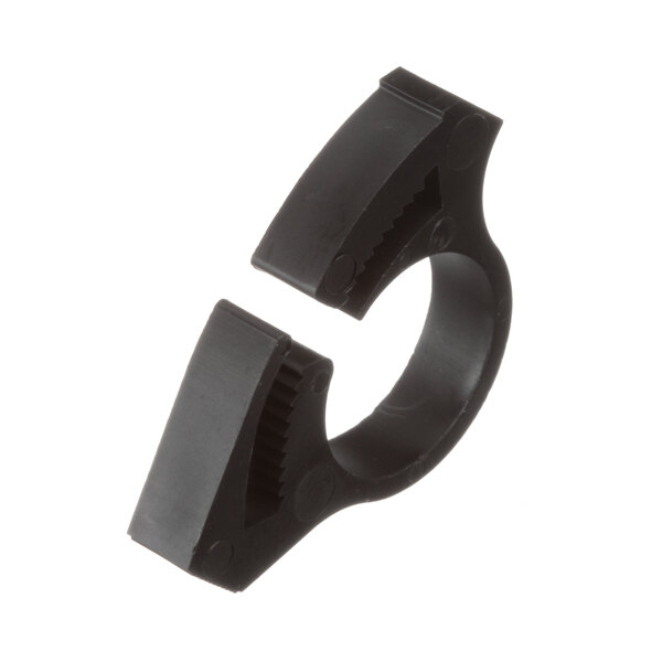 A close-up of a black nylon clamp with two holes.