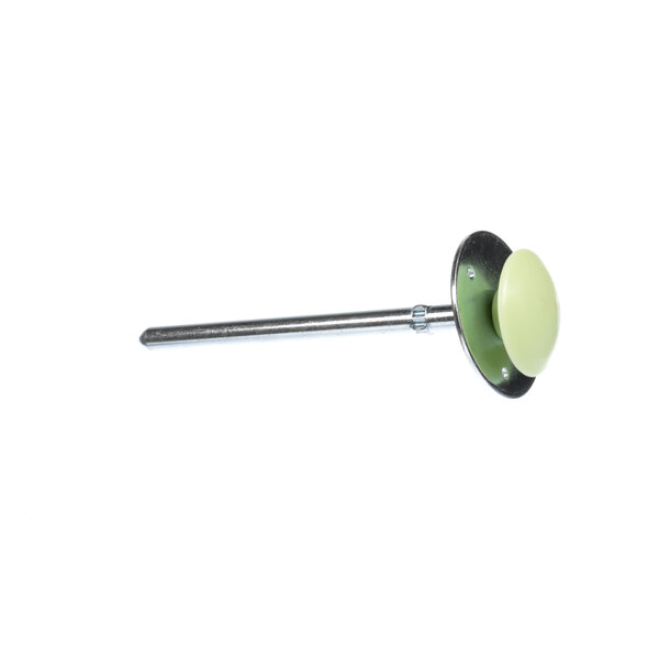 A close up of a green and white metal Kason push release screw with a green handle.